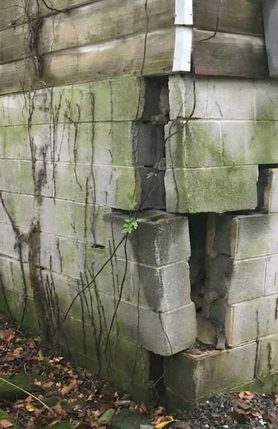 Severely bowing foundation wall with vertical cracks and structural damage needing expert sinking foundation repair in Northern VA.