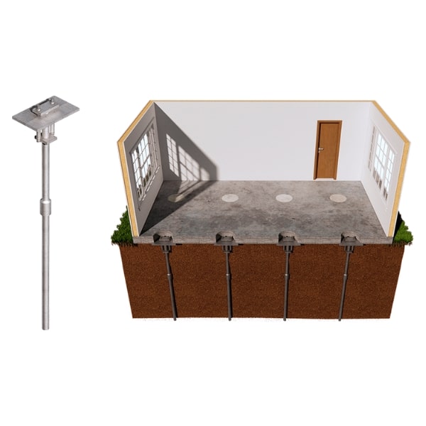 Illustration of slab piers installed in a concrete floor to stabilize settlement, a foundation repair solution in Charles Town, WV.