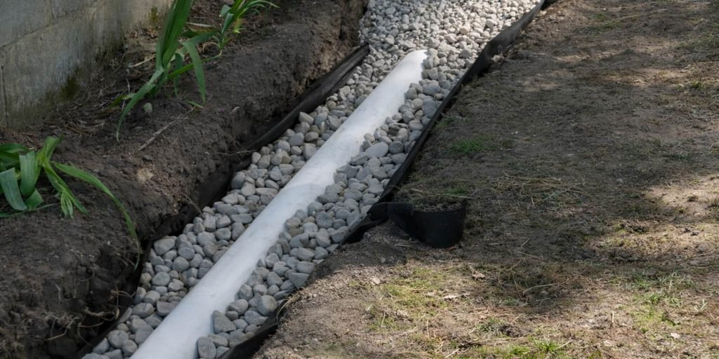Perforated drainage pipe surrounded by gravel in trench along foundation, an effective type of basement drainage system in Northern VA.