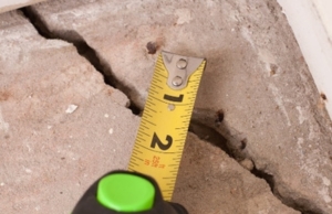 Uneven, sunken concrete basement floor in Berkeley, WV measured with tape, showing slab settlement and sinking concrete damage.
