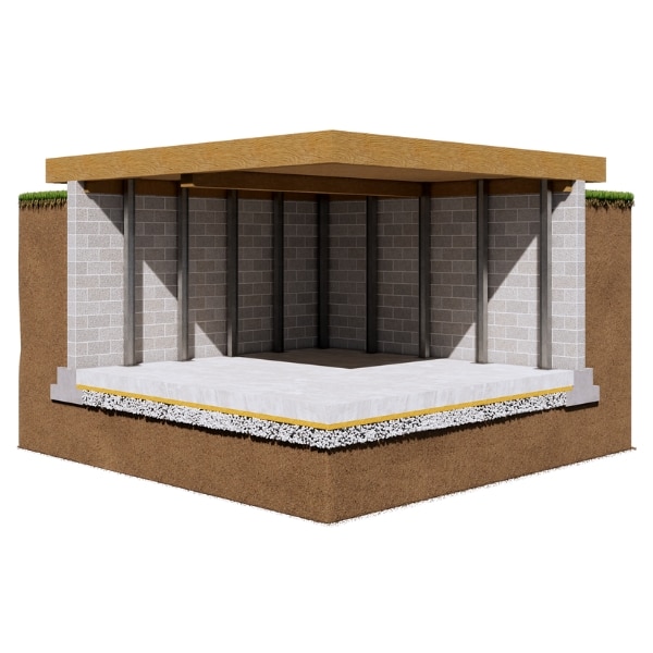 Illustration of steel I-beams installed along bowing basement walls, a foundation repair solution for homes in White Post, VA.