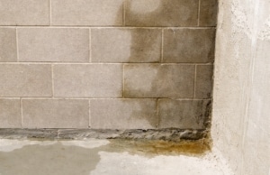 Water damage and moisture stains on basement wall corner showing foundation leaks, a sign of sinking foundation in Berkeley, WV.