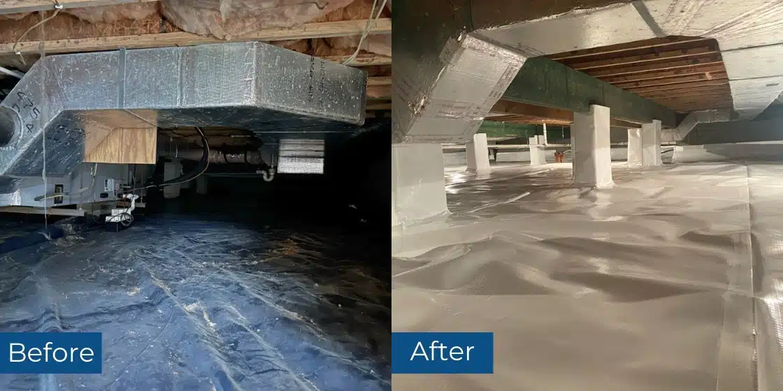 Before and after crawl space encapsulation in Luray, VA, showing sealed vapor barrier, wrapped columns, and installed dehumidifier.