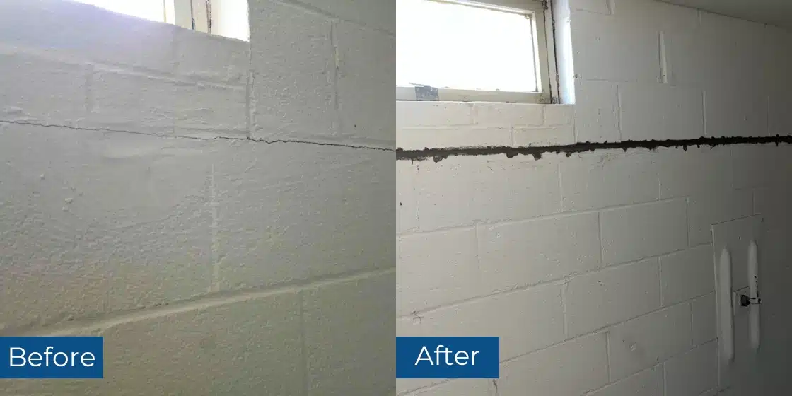 Horizontal crack before and stabilized after wall anchor system installation for foundation wall repair in Leesburg, VA.
