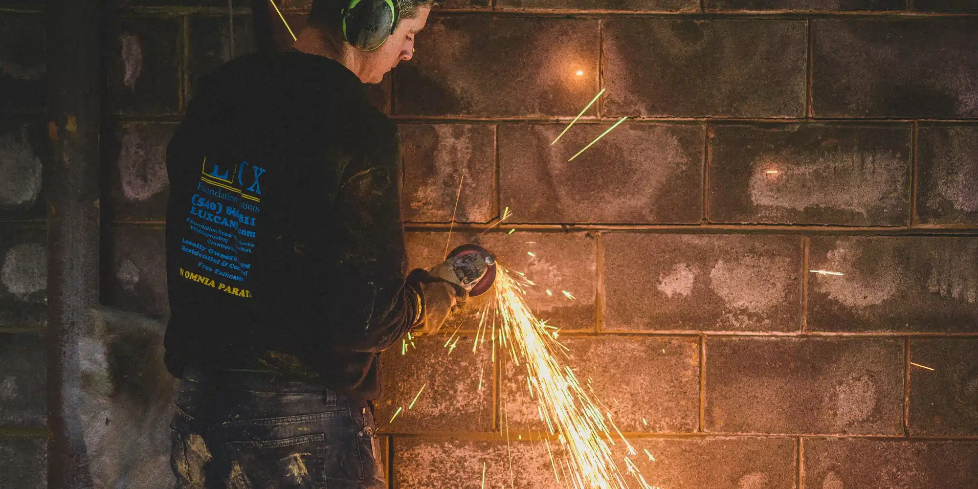 LUX technician repairing a damaged foundation wall, a factor affecting the foundation repair cost in Northern Virginia.