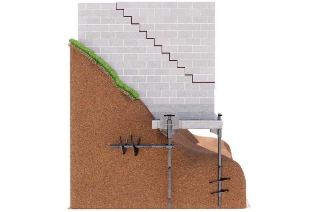 Illustration of helical tieback anchors drilled through a bowed basement wall in Berryville, VA, into stable soil.