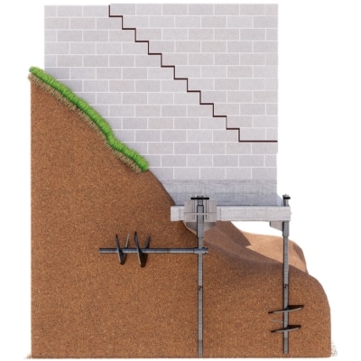Diagram of helical tiebacks drilled in a bowing block foundation wall anchored into stable soil on a sloped lot in Strasburg, VA.
