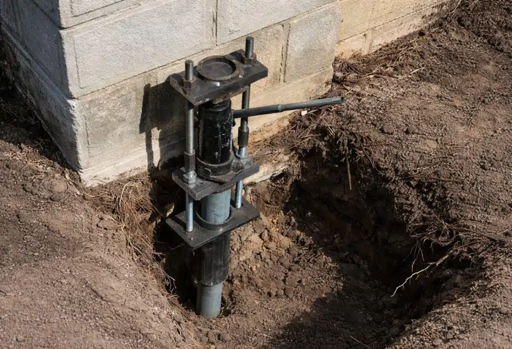 Close-up of GripTite push pier installed at foundation footing in Northern Virginia, transferring load to stable clay soil below.