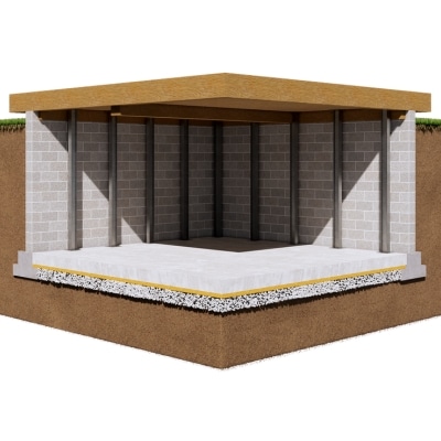 Diagram of steel I-beams installed vertically along interior floor to ceiling to stabilize bowing foundation wall in Linden, VA.