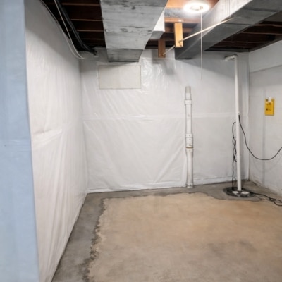 Installed interior basement waterproofing system with perimeter drainage and sump pump along the base of a concrete wall.