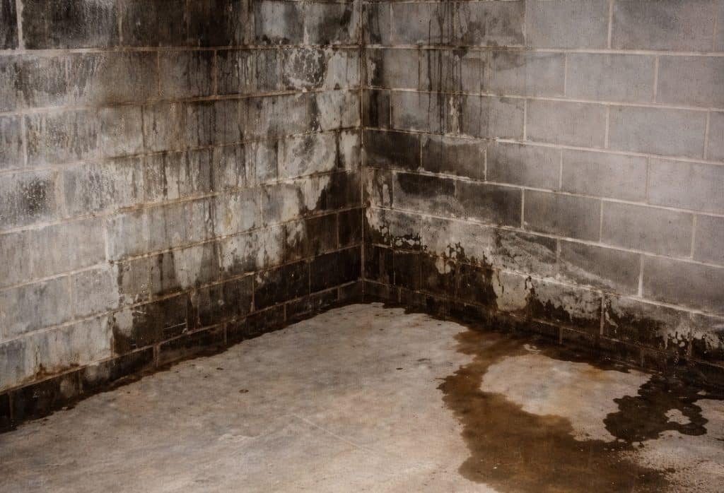 Basement wall showing efflorescence, dark mold staining, and rust streaks, a common sign of a chronic water leak.