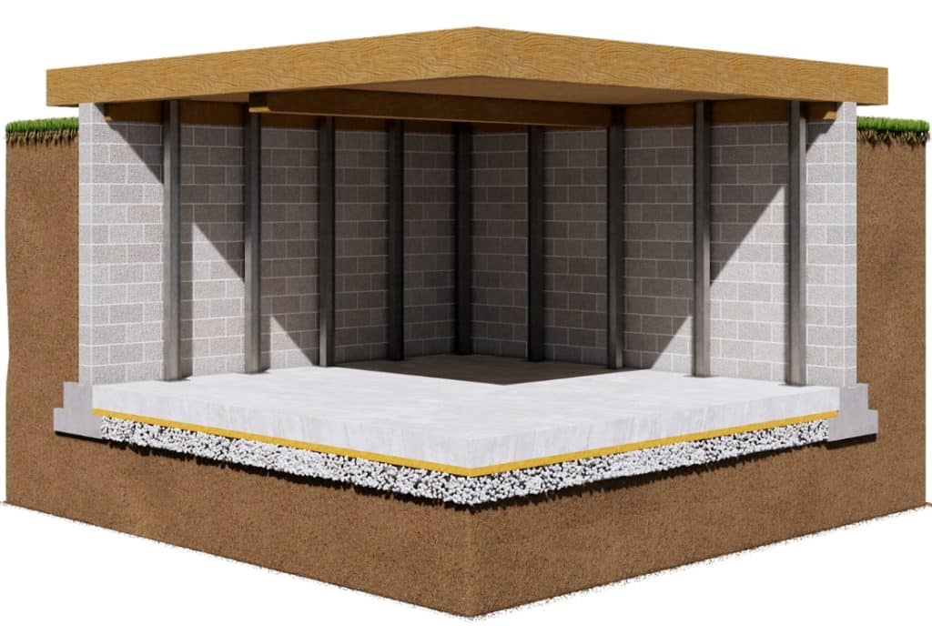 Illustration of steel I-beams installed vertically against a severely bowed basement wall in Berkeley, WV to provide stabilization.
