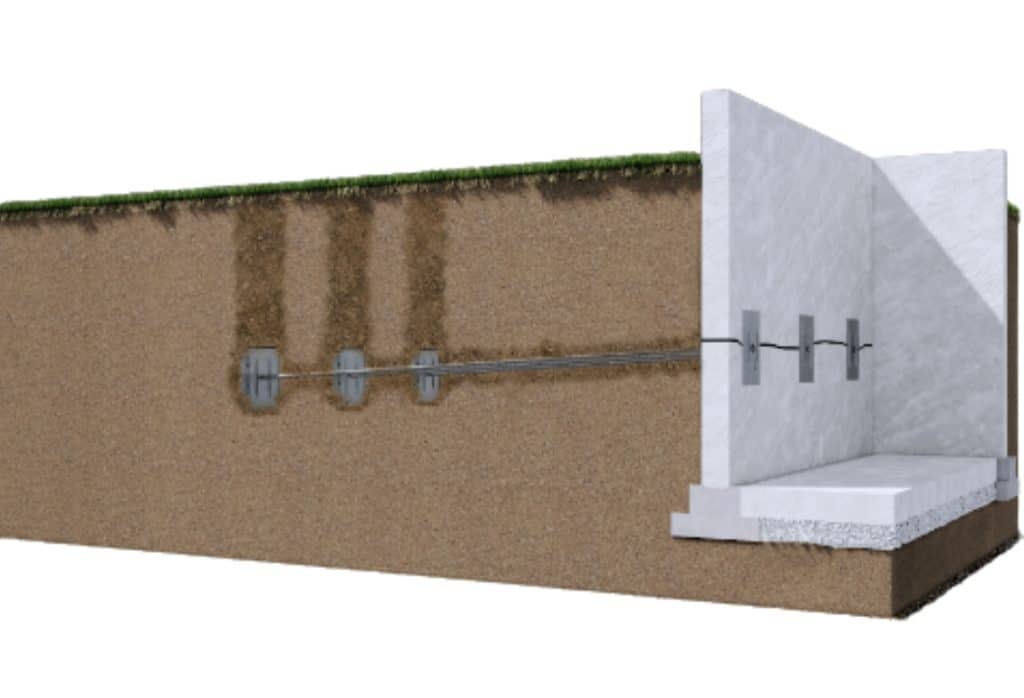 Illustration of steel wall anchors connecting a bowed basement wall in Winchester, VA, to stable soil for gradual correction.