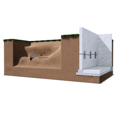 Diagram of wall anchor system with steel plate on interior foundation wall connected by rod to exterior soil anchor in Manassas, VA.
