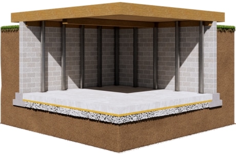 Illustration of installed wall stabilizer I-beam in Alexandria, VA, to resist lateral soil pressure against bowing walls.