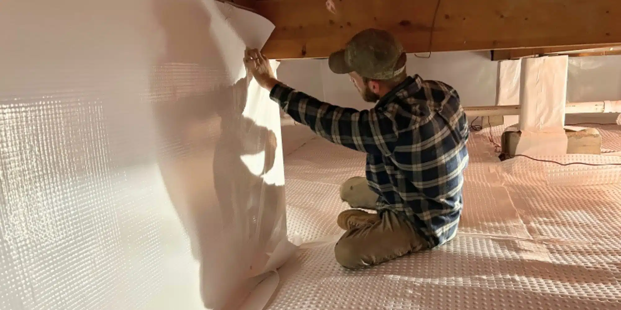 LUX technician encapsulating the crawl space foundation wall as an alternative to a basic vapor barrier in White Post, VA.