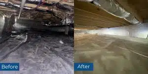 Before and after crawl space encapsulation in Shenandoah, VA, failing poly replaced with vapor barrier and radiant barrier walls.
