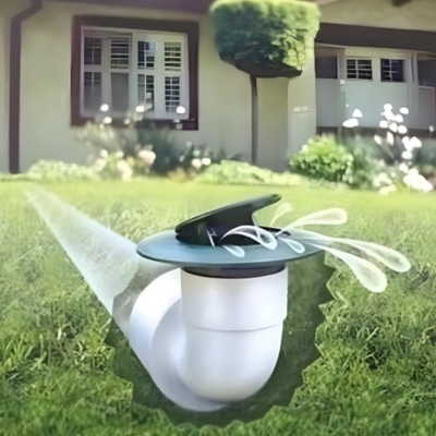 Illustration of an installed downspout extension system redirecting rainwater to prevent basement water stains in Harpers Ferry, WV.