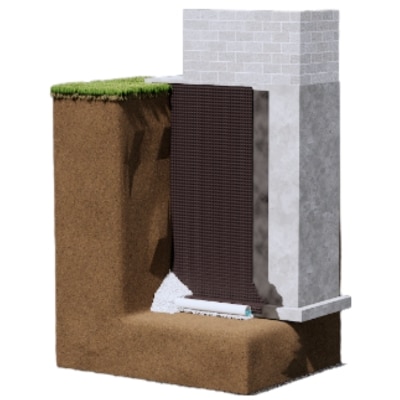 Illustration of installed exterior basement waterproofing membrane to prevent water seepage and basement water stains in Berkeley, WV.