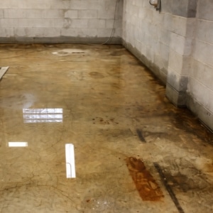Flooded basement floor with standing water that causes brown water stains on concrete in Winchester, VA.