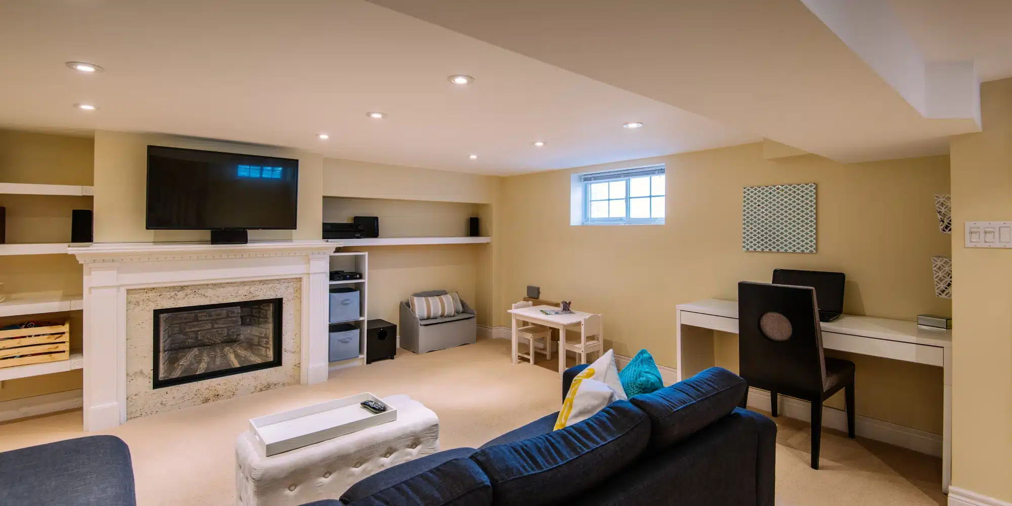 Clean, dry finished basement, a result of following a healthy basement inspection checklist in Northern Virginia.