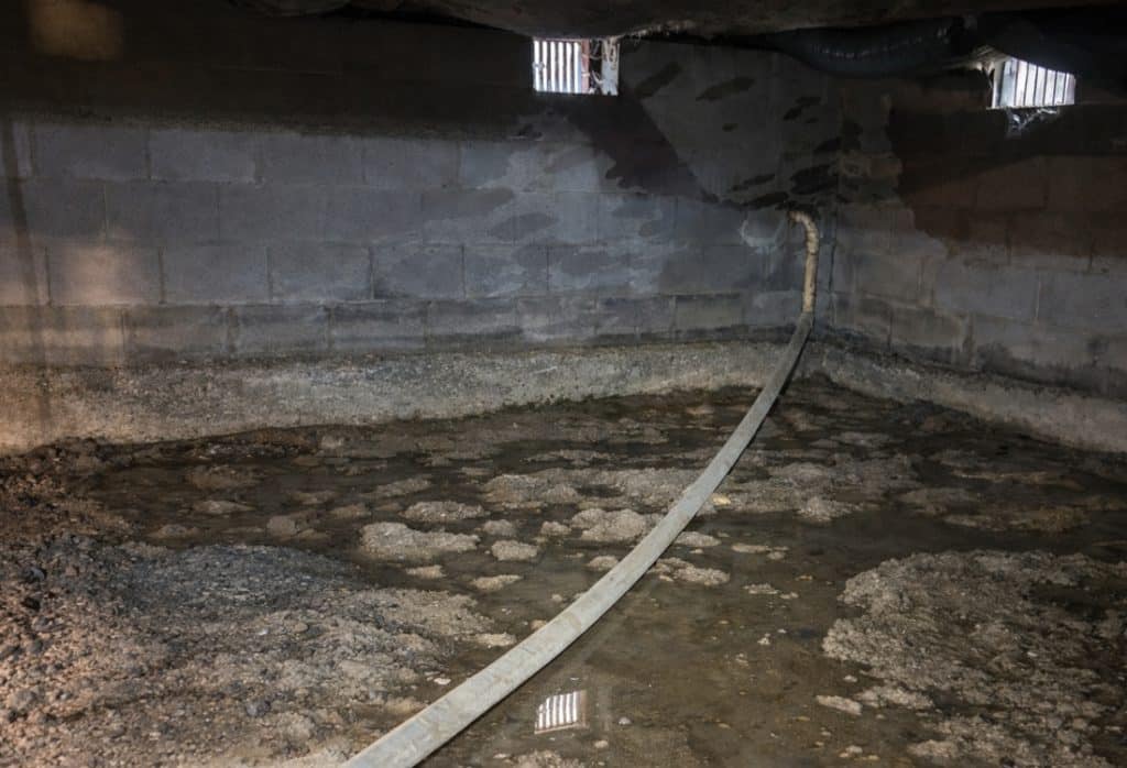 Dark vented crawl space in Alexandria, VA, with open foundation vents, moisture-stained walls, and standing water on dirt floor.