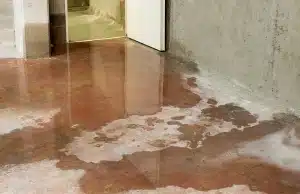 Standing water and brown water stains pooling on basement concrete floor in Fairfax, VA, showing active water damage.