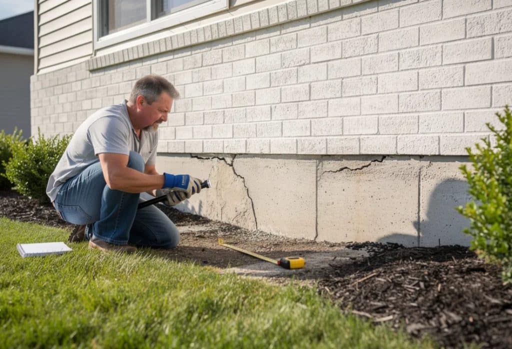 A homeowner inspects the exterior foundation of their house for visible cracks, using the basement inspection checklist in Fairfax, VA.