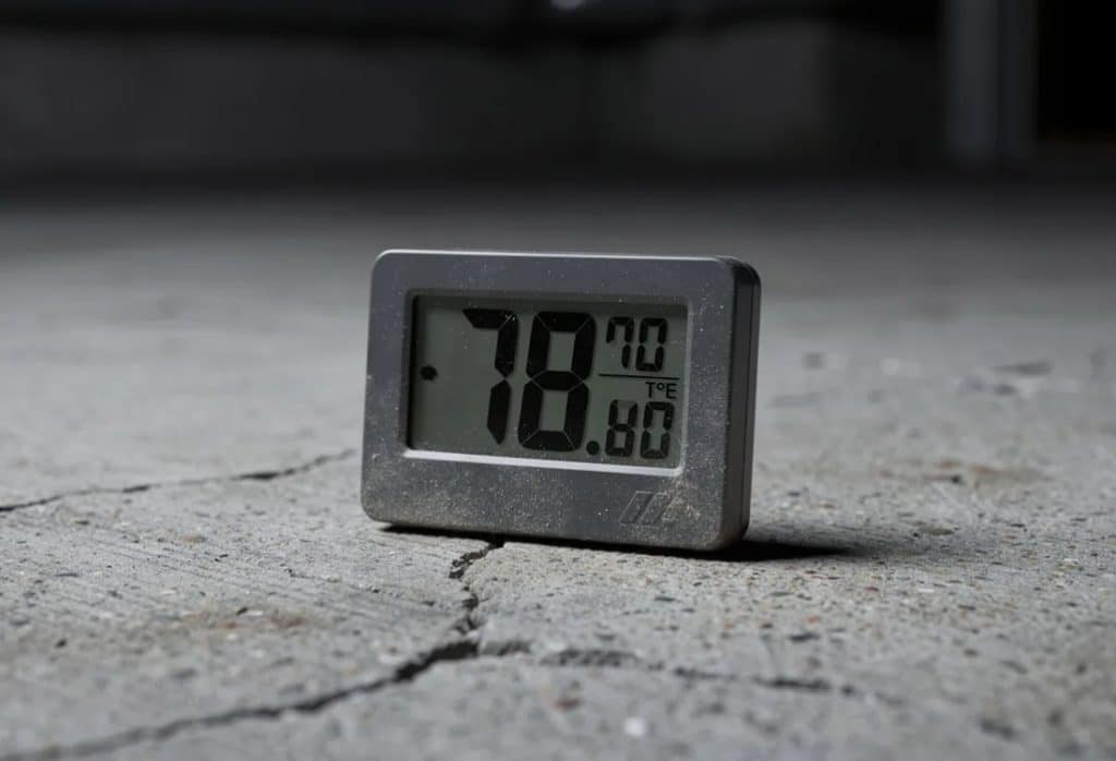 A hygrometer device on a concrete basement floor, measuring moisture levels as part of a basement inspection checklist in Reston, VA.