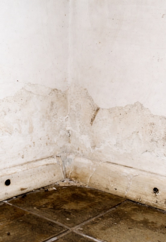 White efflorescence and brown water stains on basement concrete walls and floor corner in Alexandria, VA, showing moisture damage.