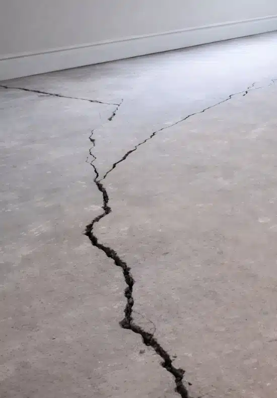 Cracked basement concrete floor caused by soil settlement beneath the slab signaling foundation movement in Winchester, VA.