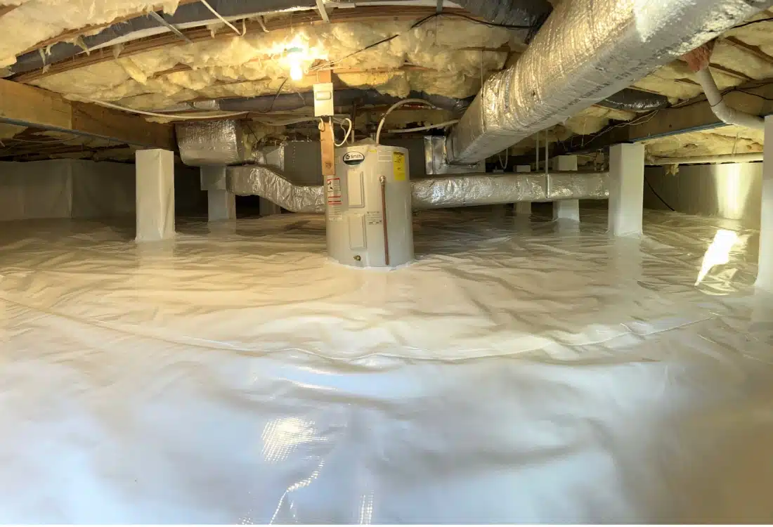 Completed crawl space encapsulation installation with vapor barrier and insulation, reducing energy costs in Ashburn, VA.