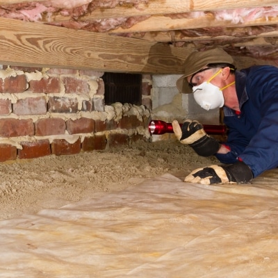 LUX expert inspecting floor joists and conditions for mold removal to eliminate musty crawl space smell in Strasburg, VA.