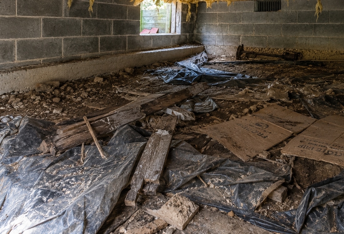 Decaying construction debris such as cardboard, and torn plastic sheets in dirt floors causes bad crawl space odor in Ashburn, VA.
