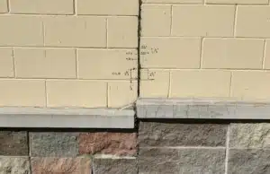 Basement wall crack with visible displacement where one side sits higher, sign of cracks in basement wall problem in Brambleton VA.