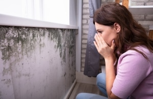 Woman detected persistent musty smell in basement in Alexandria, VA, from mold growth and dampness signaling moisture problem.