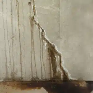 Foundation crack on basement wall with water seepage and rust stains causing structural damage and mold in basement in Bristow, VA.