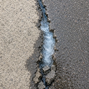 Wide jagged crack in garage floor concrete with crystalline ice damage showing freeze-thaw cycle worsens crack damage in Manassas, VA.