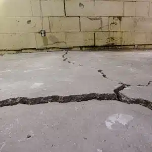 Displaced basement floor crack with one side raised showing frost heave damage from freeze-thaw soil movement in Charles Town, WV.
