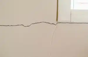 Horizontal crack running across basement wall near window, sign of cracks in basement wall problem in Alexandria, VA.