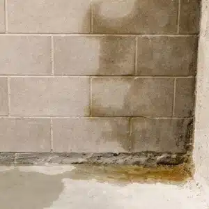 Moisture and condensation buildup on basement concrete block wall causing mold in basement in Stephens City, VA.