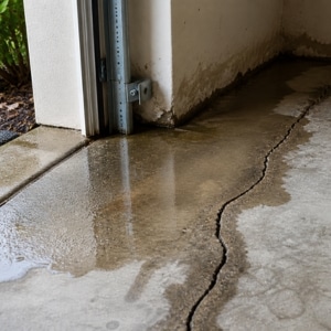 Water pooling and moisture seeping through a cracked garage floor in Martinsburg, WV.