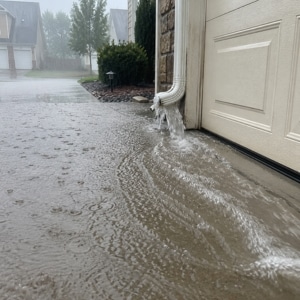 Downspout water flowing and pooling across a concrete driveway surface, a poor drainage causing cracked driveway in Bristow, VA.