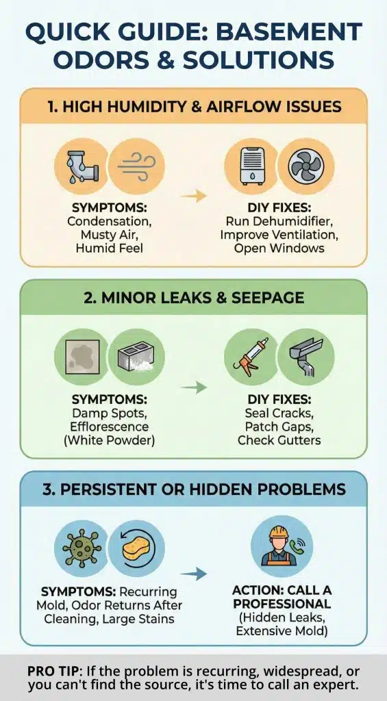 Comparison chart showing common moisture problems and ways on how to get rid of musty smell in basement in Bristow, VA.
