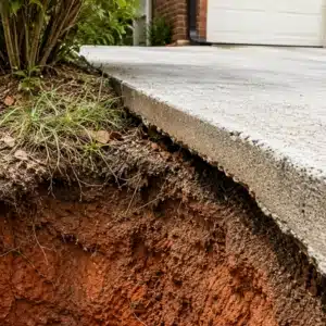 Clay-heavy soil shifting beneath a concrete driveway edge causing cracked driveway in Linden, VA.