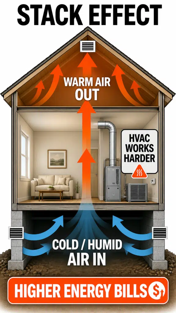 Stack Effect diagram showing how cold unsealed crawl-space air rises into the living space, raising energy bills in Winchester, VA.