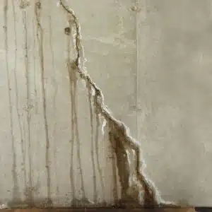 Large diagonal foundation wall crack with rust stain and moisture seepage causing structural musty smell in basement in Bristow, VA.