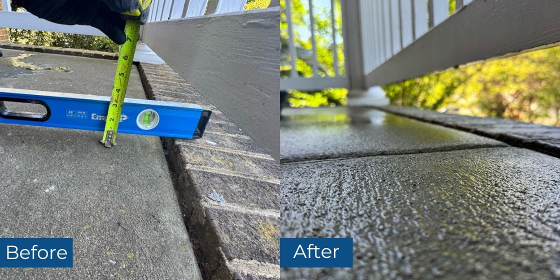 Before a concrete porch slab with a 2-inch settlement, the concrete was lifted back after polyurethane foam injection in Fredericksburg, VA.