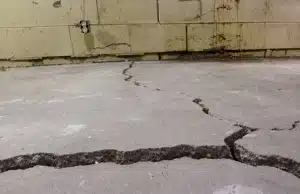 Uneven and sloping basement floor with raised sunken sections, a sign of cracks in basement floor problem in Bristow, VA.