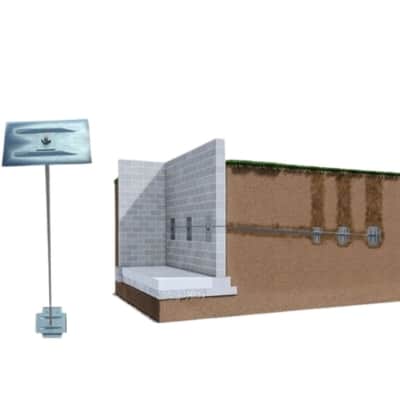 Wall anchor system diagram installed steel wall anchored into stable soil to stop further cracking of basement wall in Strasburg, VA.